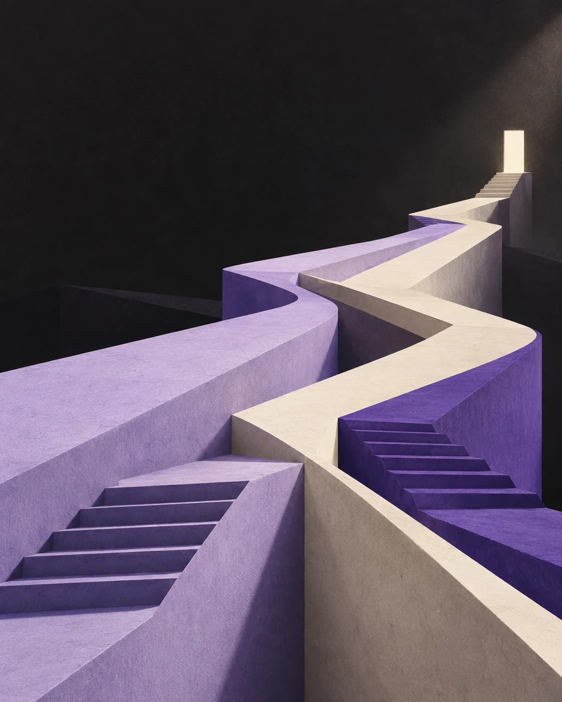 Lavender and ivory architectural paths converge toward a clear route through a dark landscape.